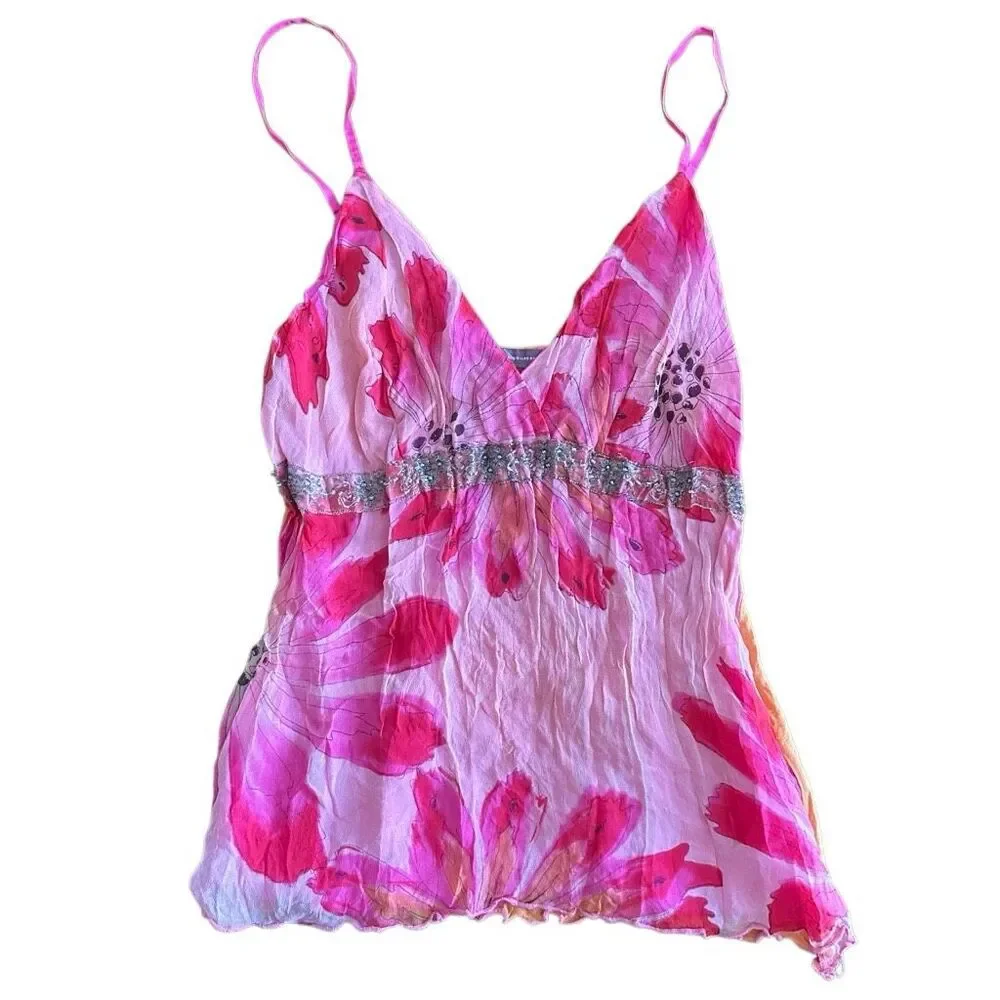 Hale Bob Silk Floral Beaded Spaghetti Strap Cami Tank Top Pink Orange M NEW